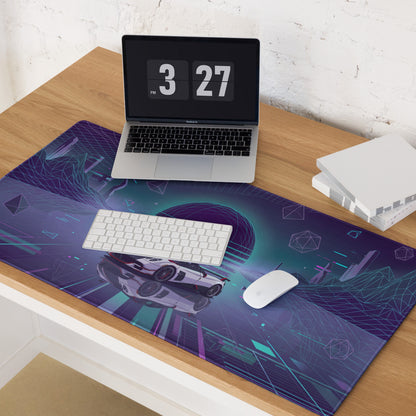 Pagani Huayra Roadster BC Inspired White Vaporwave Gaming Mouse Pad – Neon Cyan Purple Grid Desk Mat with Geometric Mountains and Futuristic Synthwave Art