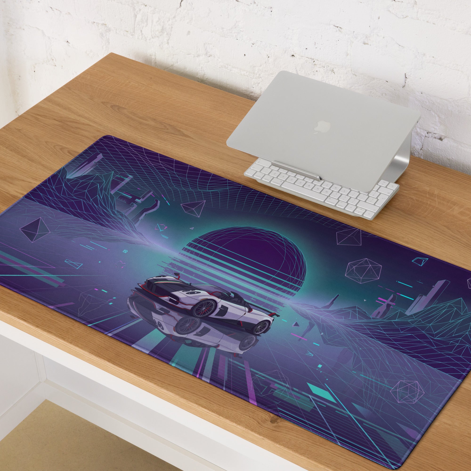 Pagani Huayra Roadster BC Inspired White Vaporwave Gaming Mouse Pad – Neon Cyan Purple Grid Desk Mat with Geometric Mountains and Futuristic Synthwave Art
