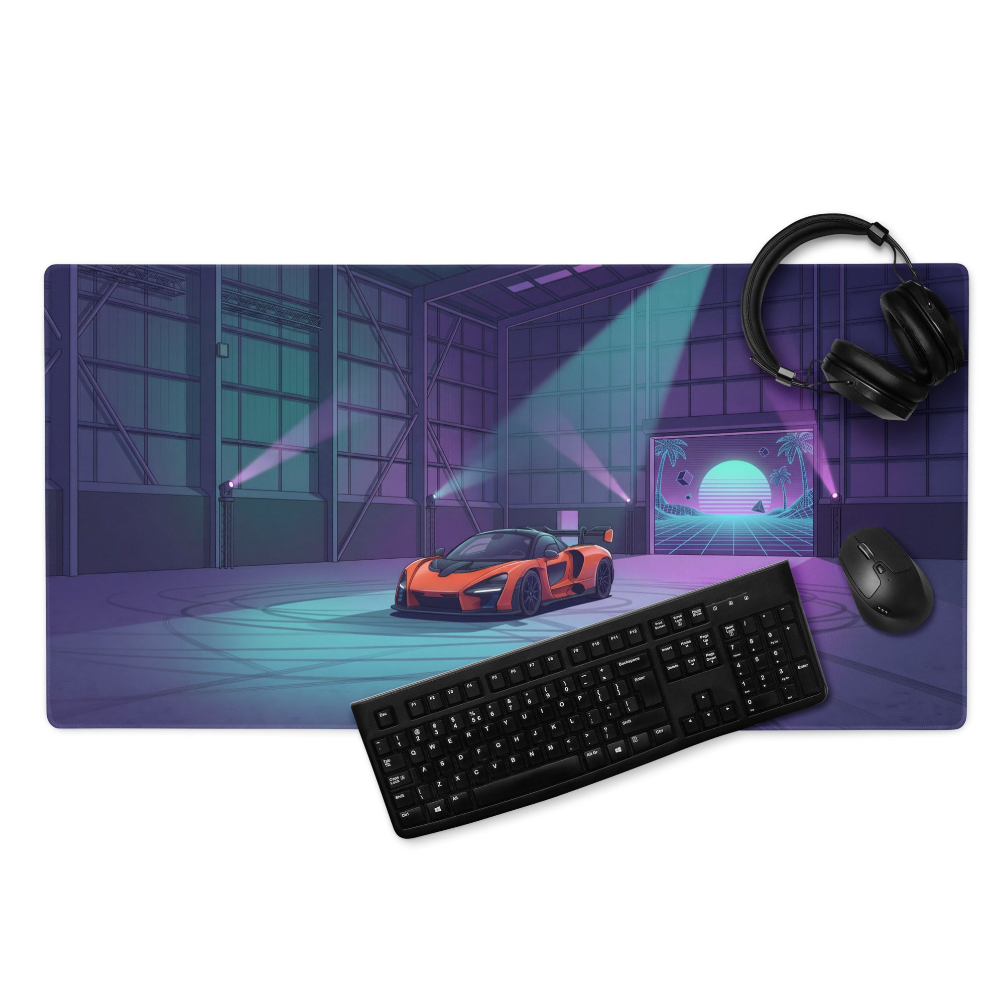 McLaren Senna Inspired Orange Vaporwave Gaming Mouse Pad – Neon Cyan Purple Hangar Desk Mat with Retro Futuristic Sunset and Synthwave Racing Art