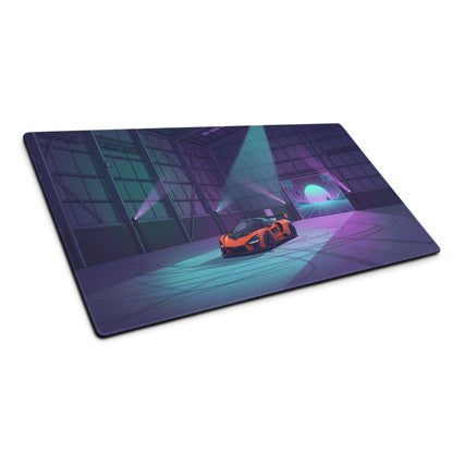 McLaren Senna Inspired Orange Vaporwave Gaming Mouse Pad – Neon Cyan Purple Hangar Desk Mat with Retro Futuristic Sunset and Synthwave Racing Art