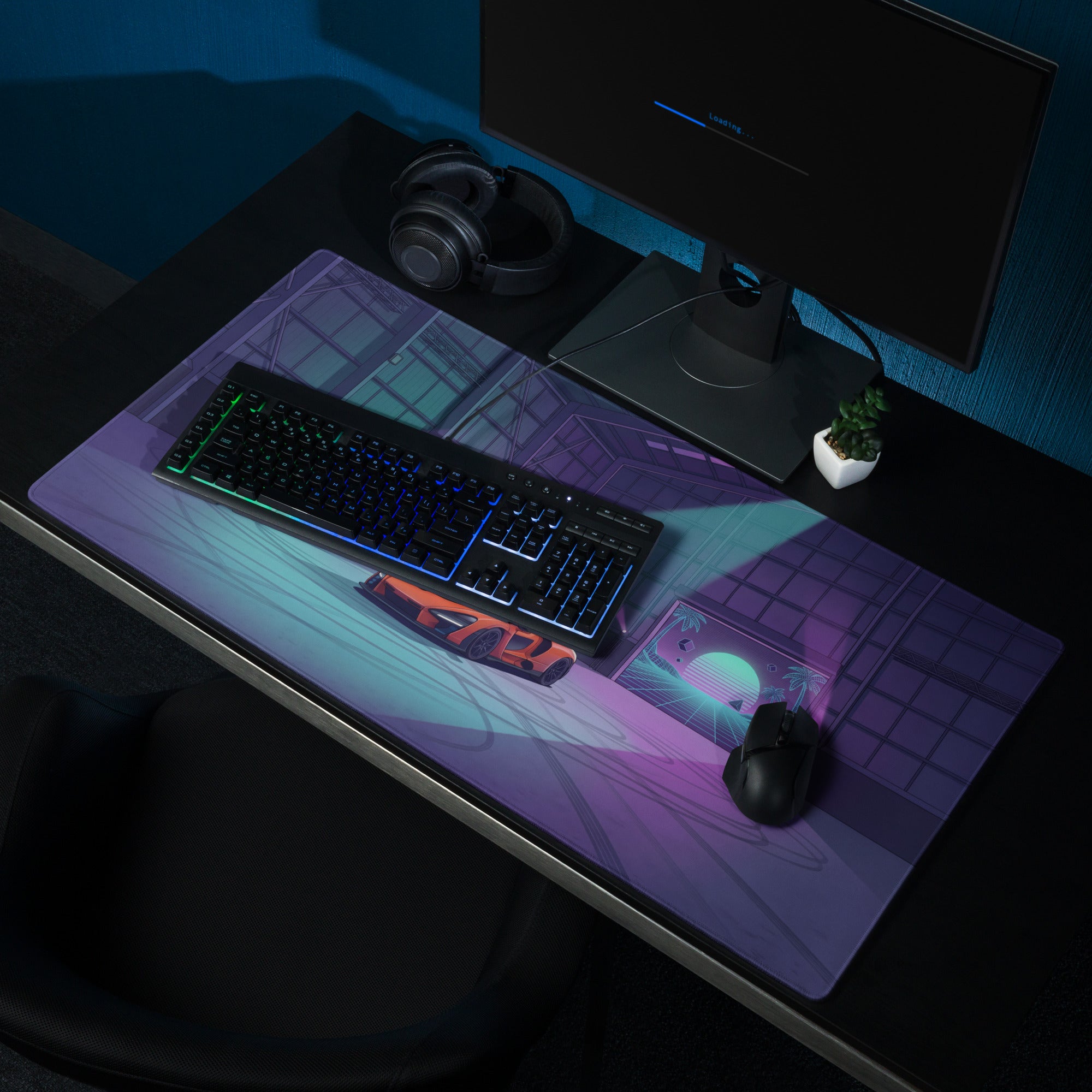 McLaren Senna Inspired Orange Vaporwave Gaming Mouse Pad – Neon Cyan Purple Hangar Desk Mat with Retro Futuristic Sunset and Synthwave Racing Art