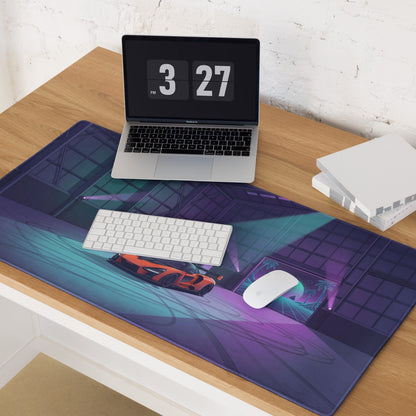 McLaren Senna Inspired Orange Vaporwave Gaming Mouse Pad – Neon Cyan Purple Hangar Desk Mat with Retro Futuristic Sunset and Synthwave Racing Art
