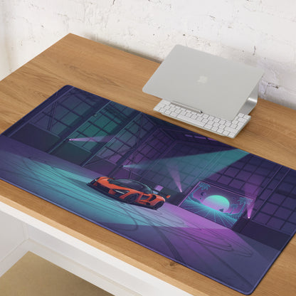 McLaren Senna Inspired Orange Vaporwave Gaming Mouse Pad – Neon Cyan Purple Hangar Desk Mat with Retro Futuristic Sunset and Synthwave Racing Art