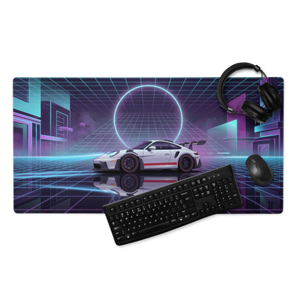 Porsche 911 GT3 RS Inspired White Blue Vaporwave Gaming Mouse Pad – Neon Cyberpunk City Desk Mat with Retro Futuristic Grid Art