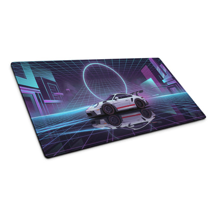 Porsche 911 GT3 RS Inspired White Blue Vaporwave Gaming Mouse Pad – Neon Cyberpunk City Desk Mat with Retro Futuristic Grid Art