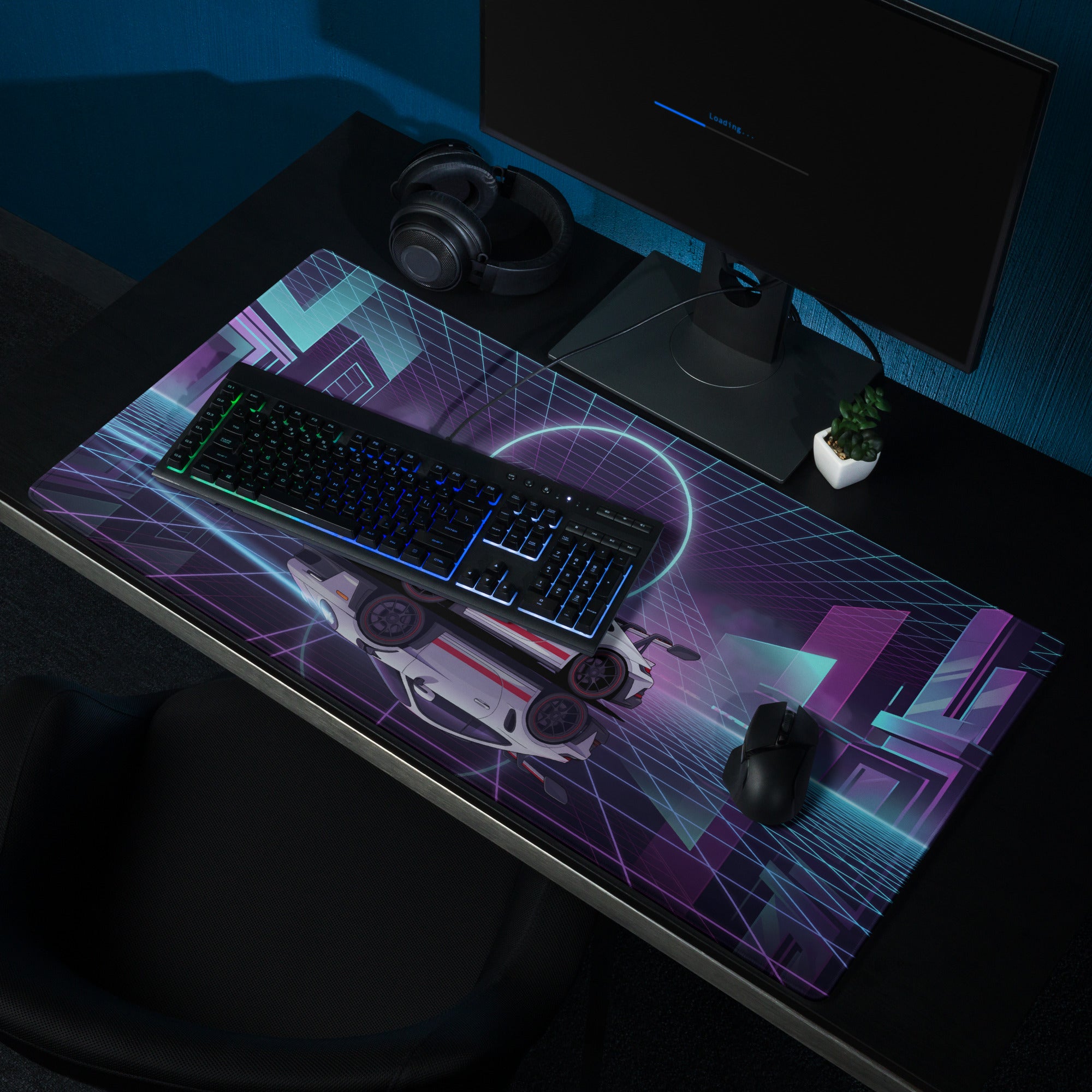Porsche 911 GT3 RS Inspired White Blue Vaporwave Gaming Mouse Pad – Neon Cyberpunk City Desk Mat with Retro Futuristic Grid Art