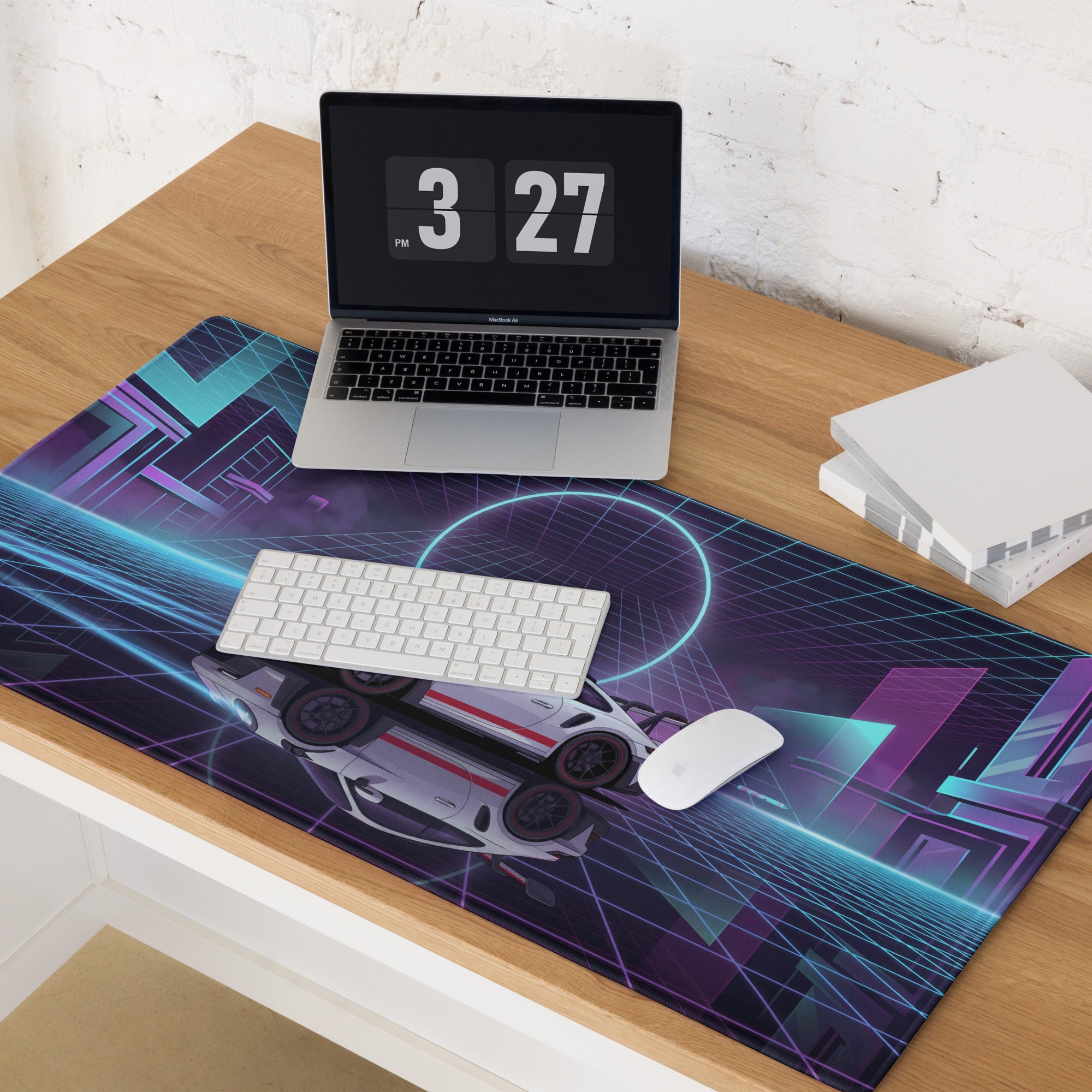 Porsche 911 GT3 RS Inspired White Blue Vaporwave Gaming Mouse Pad – Neon Cyberpunk City Desk Mat with Retro Futuristic Grid Art