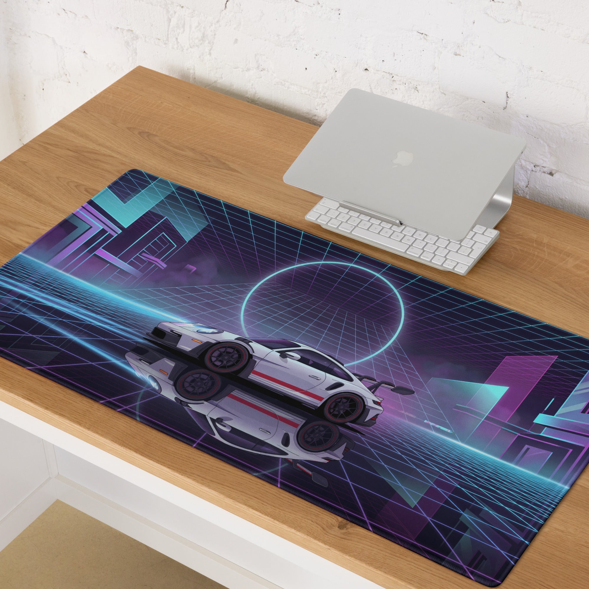 Porsche 911 GT3 RS Inspired White Blue Vaporwave Gaming Mouse Pad – Neon Cyberpunk City Desk Mat with Retro Futuristic Grid Art