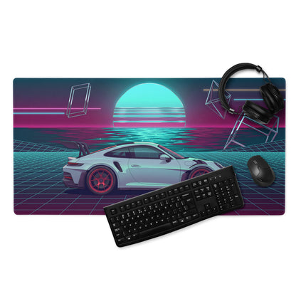 Porsche 911 GT3 RS Inspired Silver Cyan Vaporwave Gaming Mouse Pad – Neon Ocean Sunset Desk Mat with Retro Futuristic Grid and Geometric Art