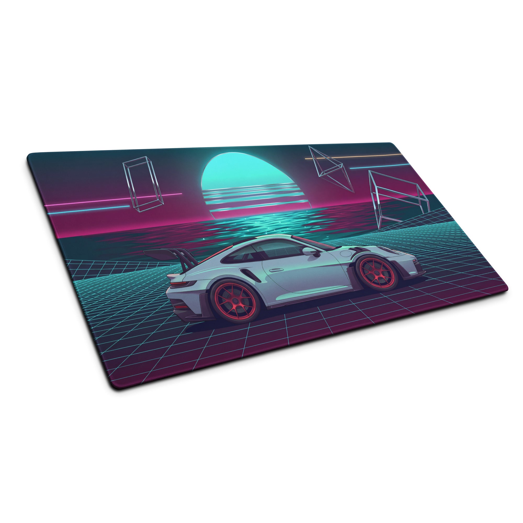 Porsche 911 GT3 RS Inspired Silver Cyan Vaporwave Gaming Mouse Pad – Neon Ocean Sunset Desk Mat with Retro Futuristic Grid and Geometric Art