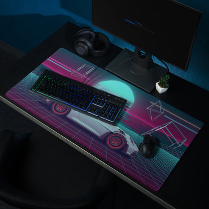 Porsche 911 GT3 RS Inspired Silver Cyan Vaporwave Gaming Mouse Pad – Neon Ocean Sunset Desk Mat with Retro Futuristic Grid and Geometric Art