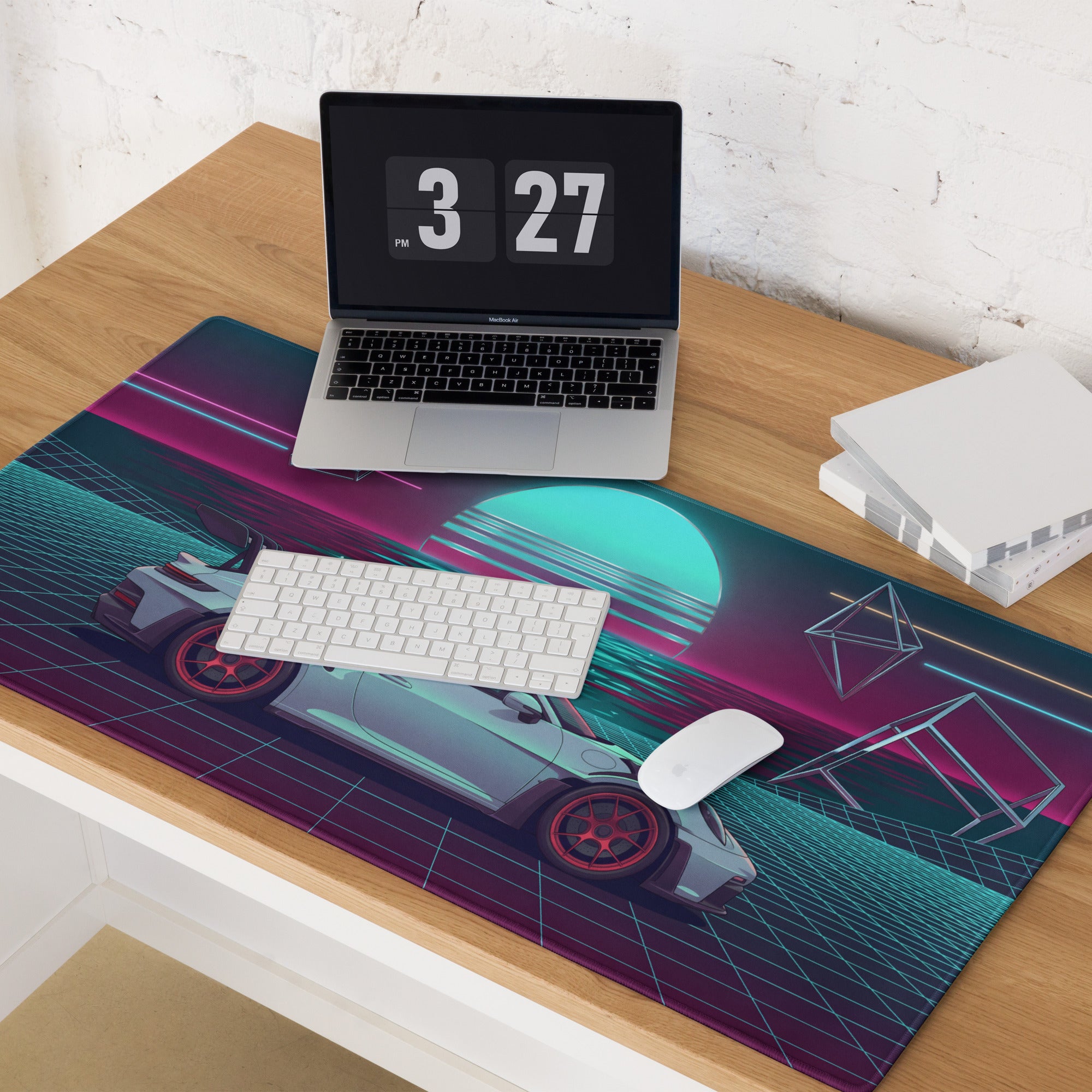 Porsche 911 GT3 RS Inspired Silver Cyan Vaporwave Gaming Mouse Pad – Neon Ocean Sunset Desk Mat with Retro Futuristic Grid and Geometric Art