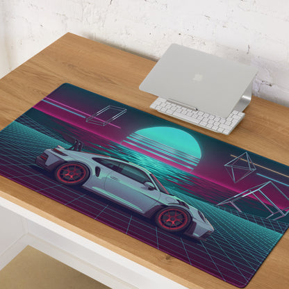 Porsche 911 GT3 RS Inspired Silver Cyan Vaporwave Gaming Mouse Pad – Neon Ocean Sunset Desk Mat with Retro Futuristic Grid and Geometric Art