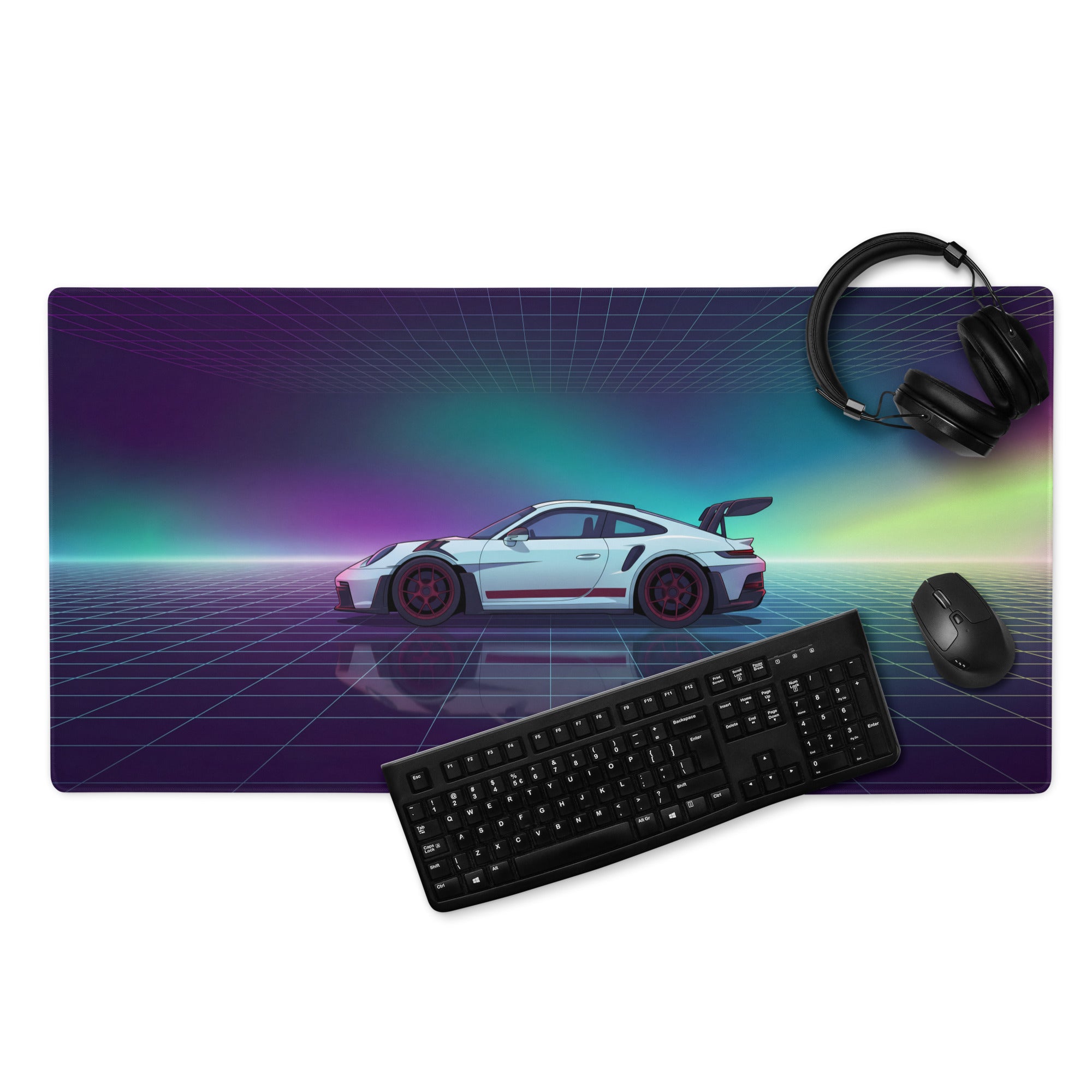Porsche 911 GT3 RS Inspired White Purple Vaporwave Gaming Mouse Pad – Neon Aurora Grid Desk Mat with Retro Futuristic Reflection Art