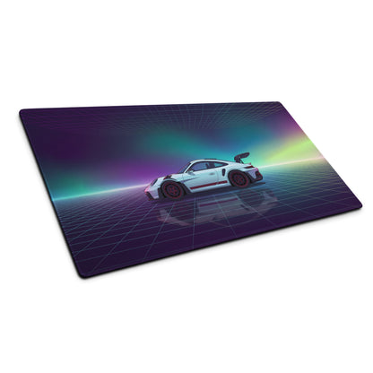 Porsche 911 GT3 RS Inspired White Purple Vaporwave Gaming Mouse Pad – Neon Aurora Grid Desk Mat with Retro Futuristic Reflection Art
