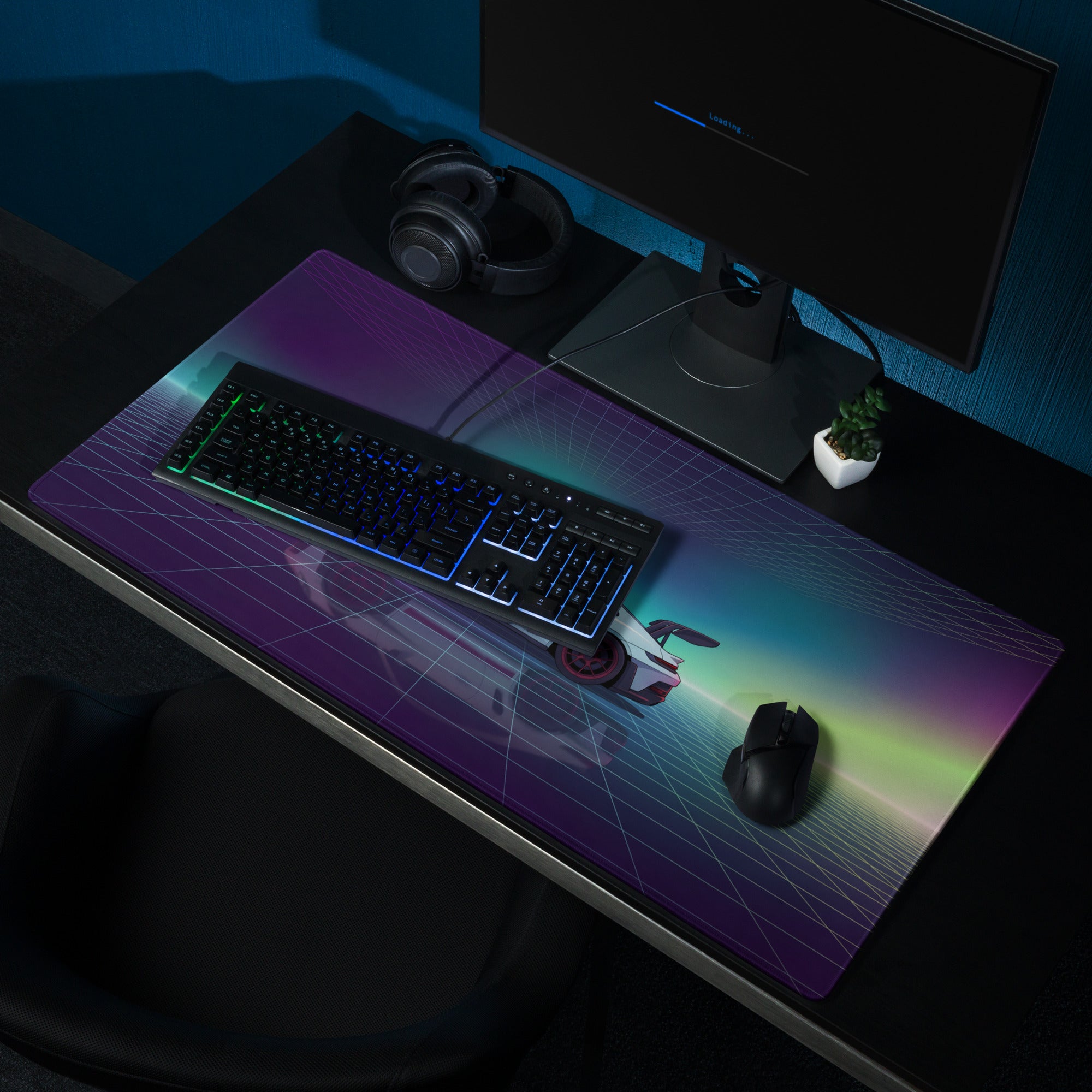 Porsche 911 GT3 RS Inspired White Purple Vaporwave Gaming Mouse Pad – Neon Aurora Grid Desk Mat with Retro Futuristic Reflection Art
