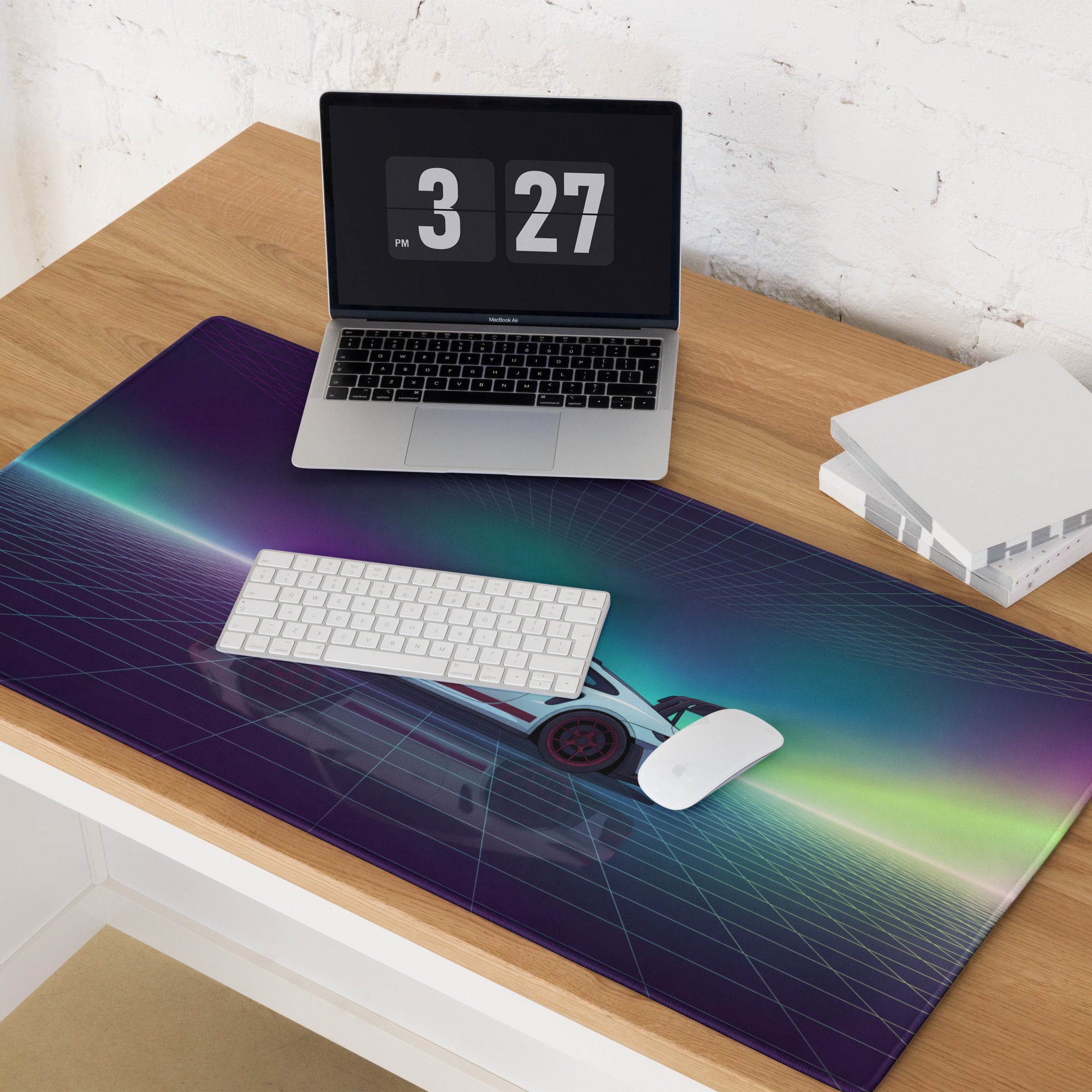 Porsche 911 GT3 RS Inspired White Purple Vaporwave Gaming Mouse Pad – Neon Aurora Grid Desk Mat with Retro Futuristic Reflection Art