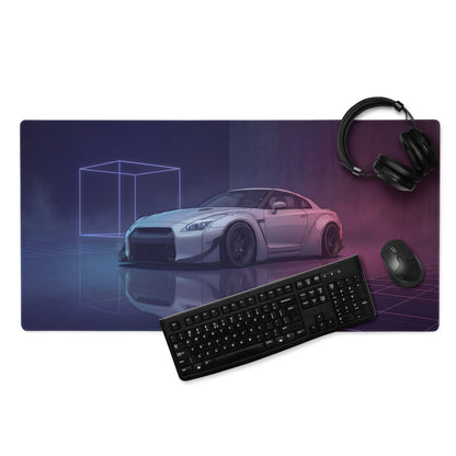 Nissan GT-R R35 Inspired Silver Purple Vaporwave Gaming Mouse Pad – Neon Widebody JDM Desk Mat with Retro Futuristic Grid and Reflection Art