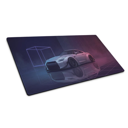 Nissan GT-R R35 Inspired Silver Purple Vaporwave Gaming Mouse Pad – Neon Widebody JDM Desk Mat with Retro Futuristic Grid and Reflection Art