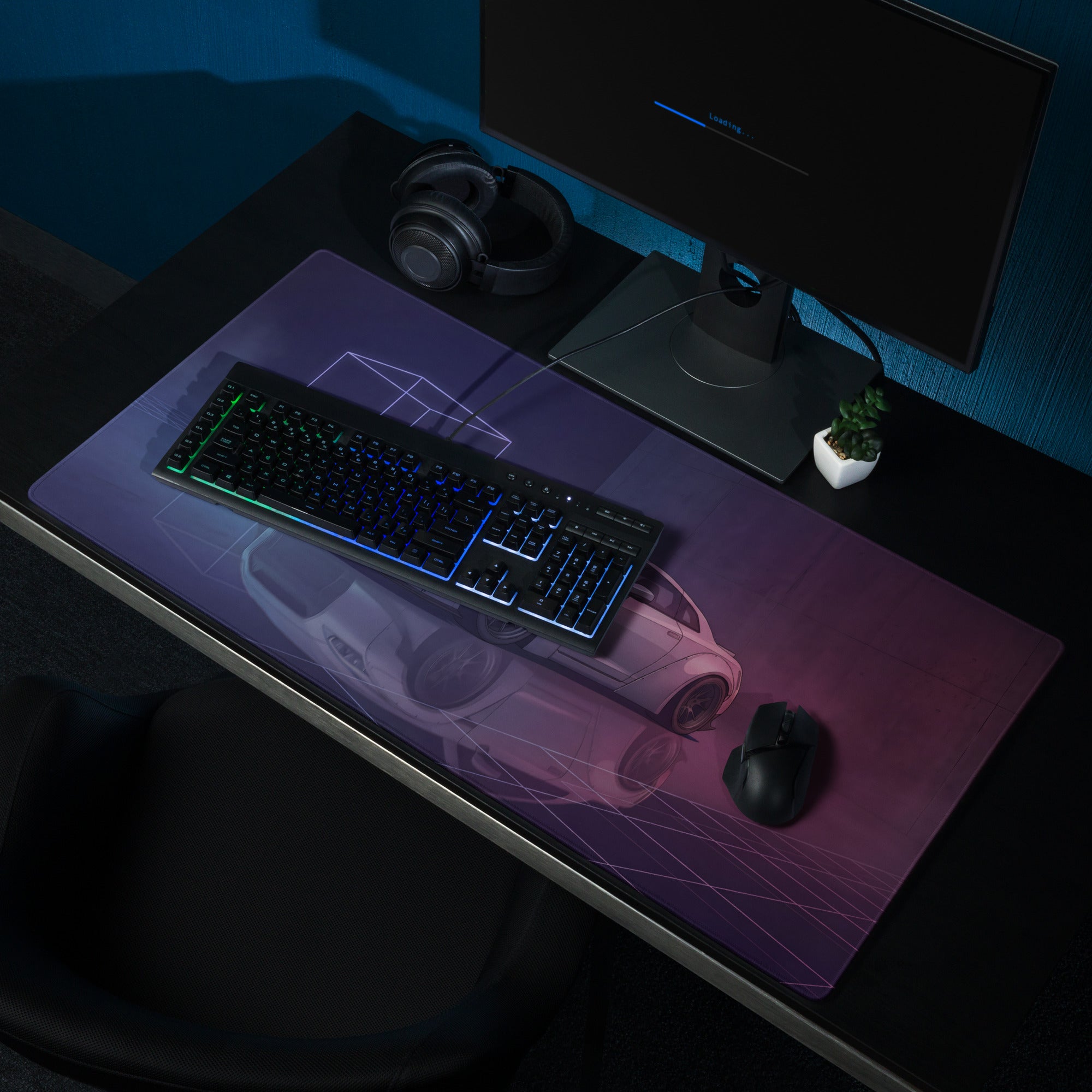 Nissan GT-R R35 Inspired Silver Purple Vaporwave Gaming Mouse Pad – Neon Widebody JDM Desk Mat with Retro Futuristic Grid and Reflection Art