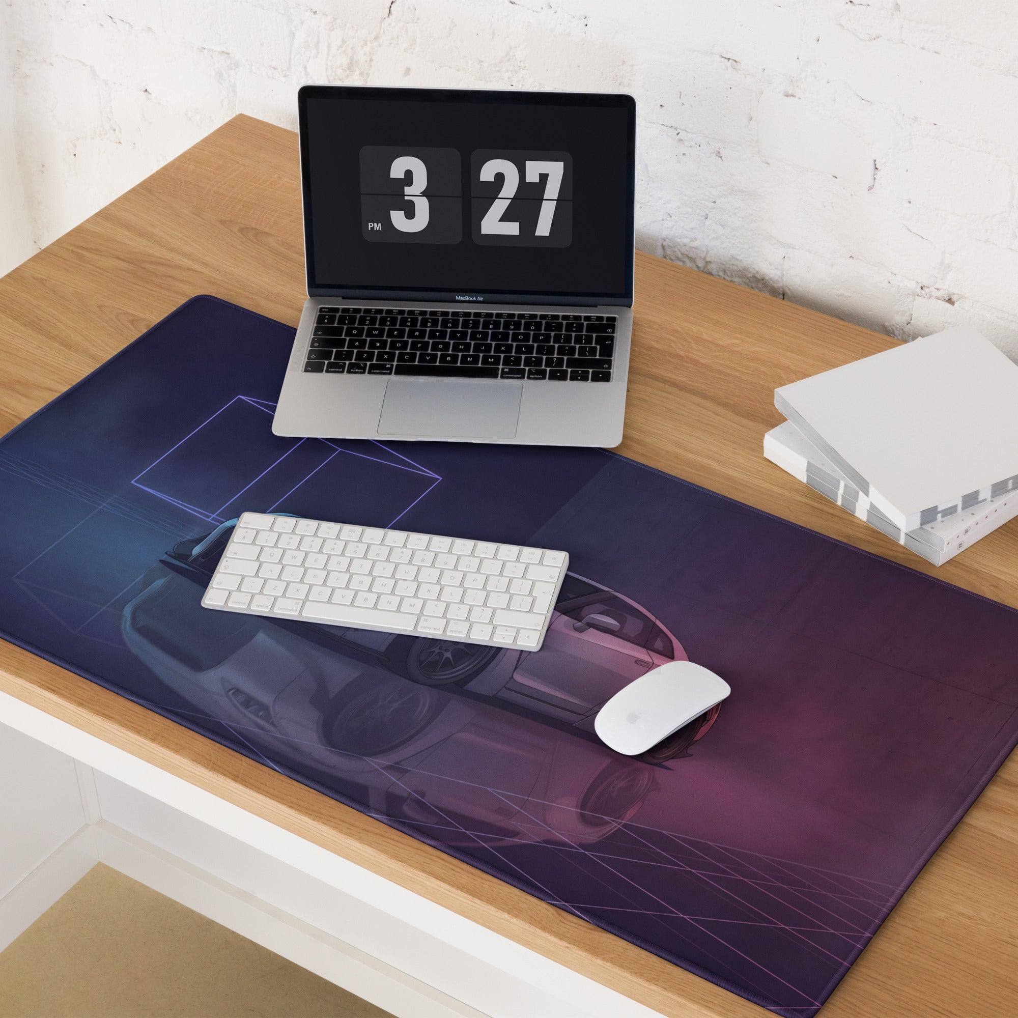 Nissan GT-R R35 Inspired Silver Purple Vaporwave Gaming Mouse Pad – Neon Widebody JDM Desk Mat with Retro Futuristic Grid and Reflection Art