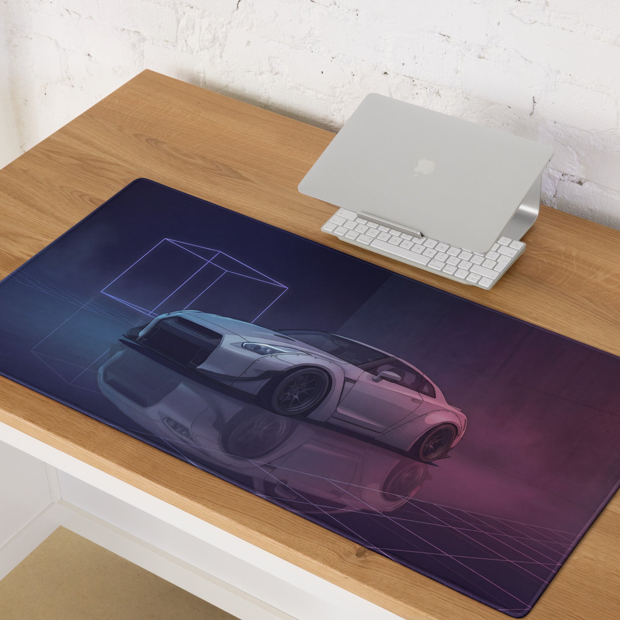 Nissan GT-R R35 Inspired Silver Purple Vaporwave Gaming Mouse Pad – Neon Widebody JDM Desk Mat with Retro Futuristic Grid and Reflection Art