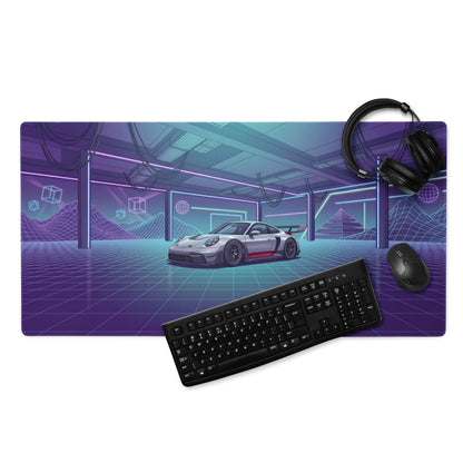 Porsche 911 GT3 RS Inspired Silver Purple Vaporwave Gaming Mouse Pad – Neon Cyberpunk Garage Desk Mat with Retro Futuristic Grid Art