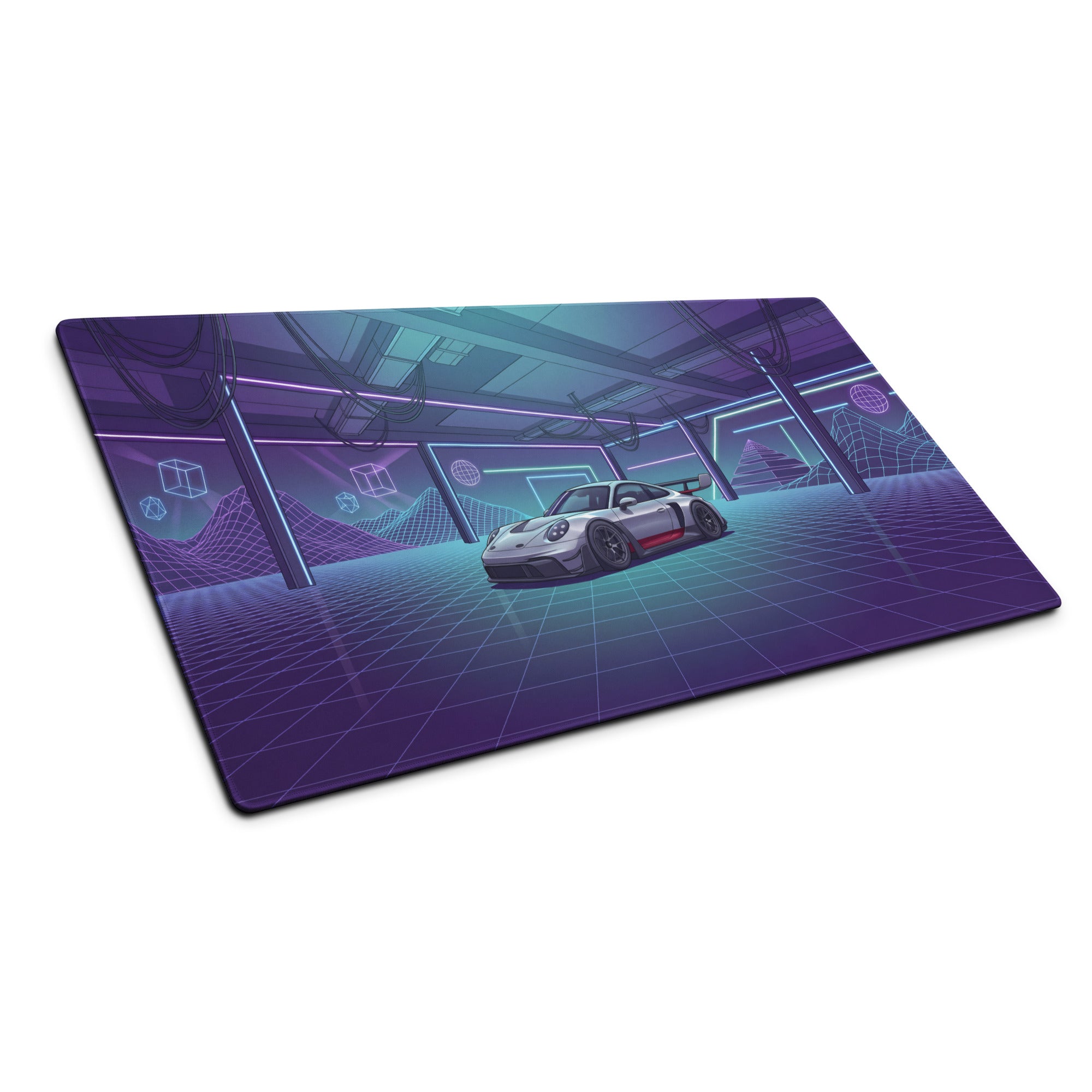Porsche 911 GT3 RS Inspired Silver Purple Vaporwave Gaming Mouse Pad – Neon Cyberpunk Garage Desk Mat with Retro Futuristic Grid Art