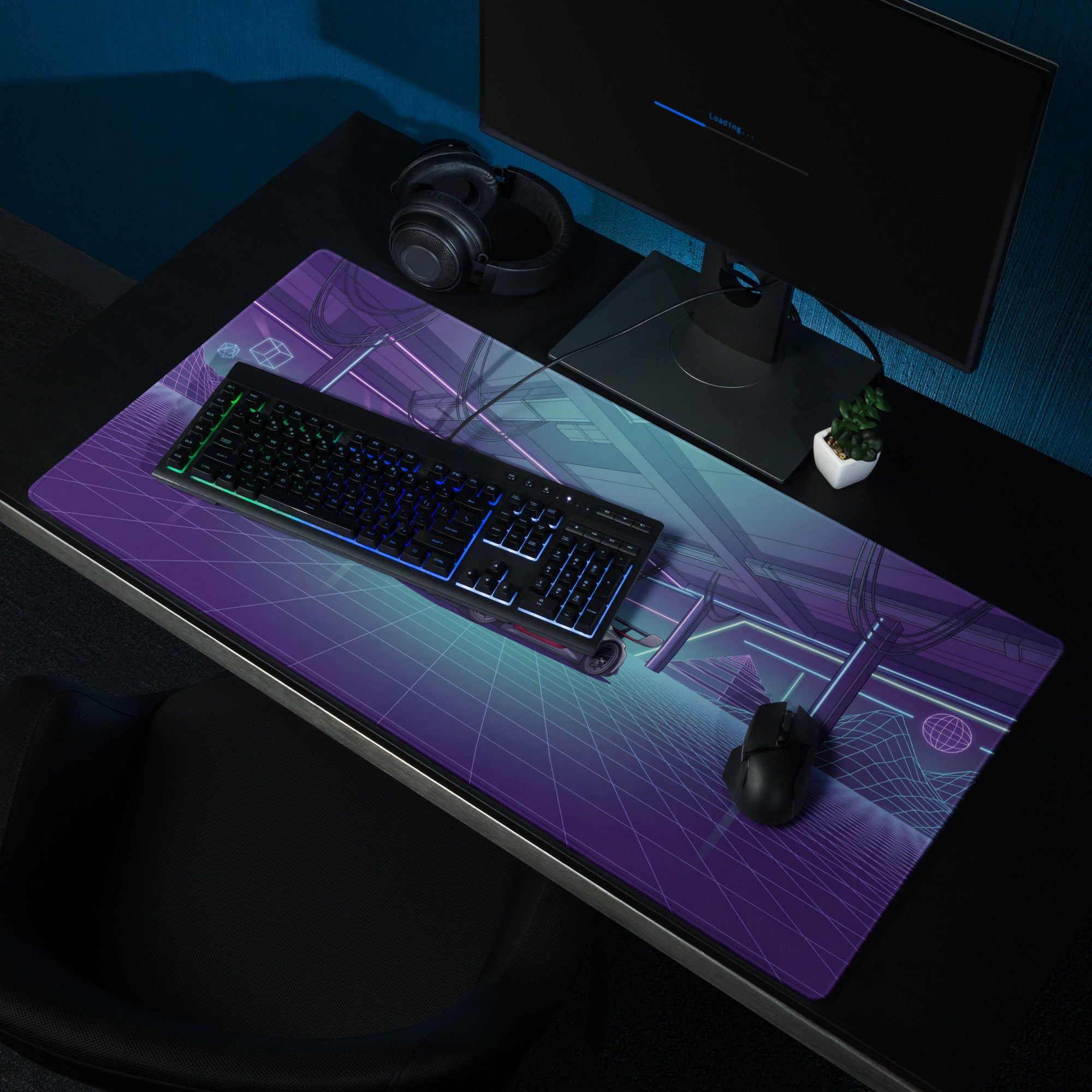 Porsche 911 GT3 RS Inspired Silver Purple Vaporwave Gaming Mouse Pad – Neon Cyberpunk Garage Desk Mat with Retro Futuristic Grid Art