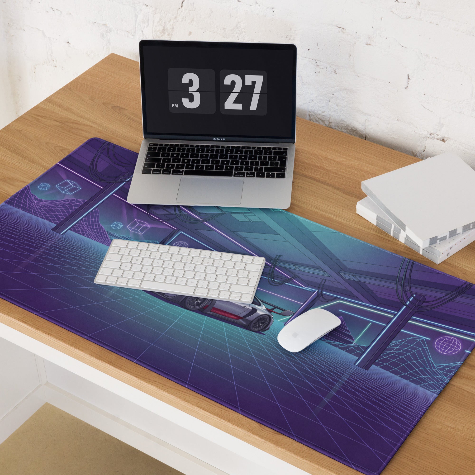 Porsche 911 GT3 RS Inspired Silver Purple Vaporwave Gaming Mouse Pad – Neon Cyberpunk Garage Desk Mat with Retro Futuristic Grid Art