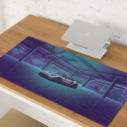 Porsche 911 GT3 RS Inspired Silver Purple Vaporwave Gaming Mouse Pad – Neon Cyberpunk Garage Desk Mat with Retro Futuristic Grid Art