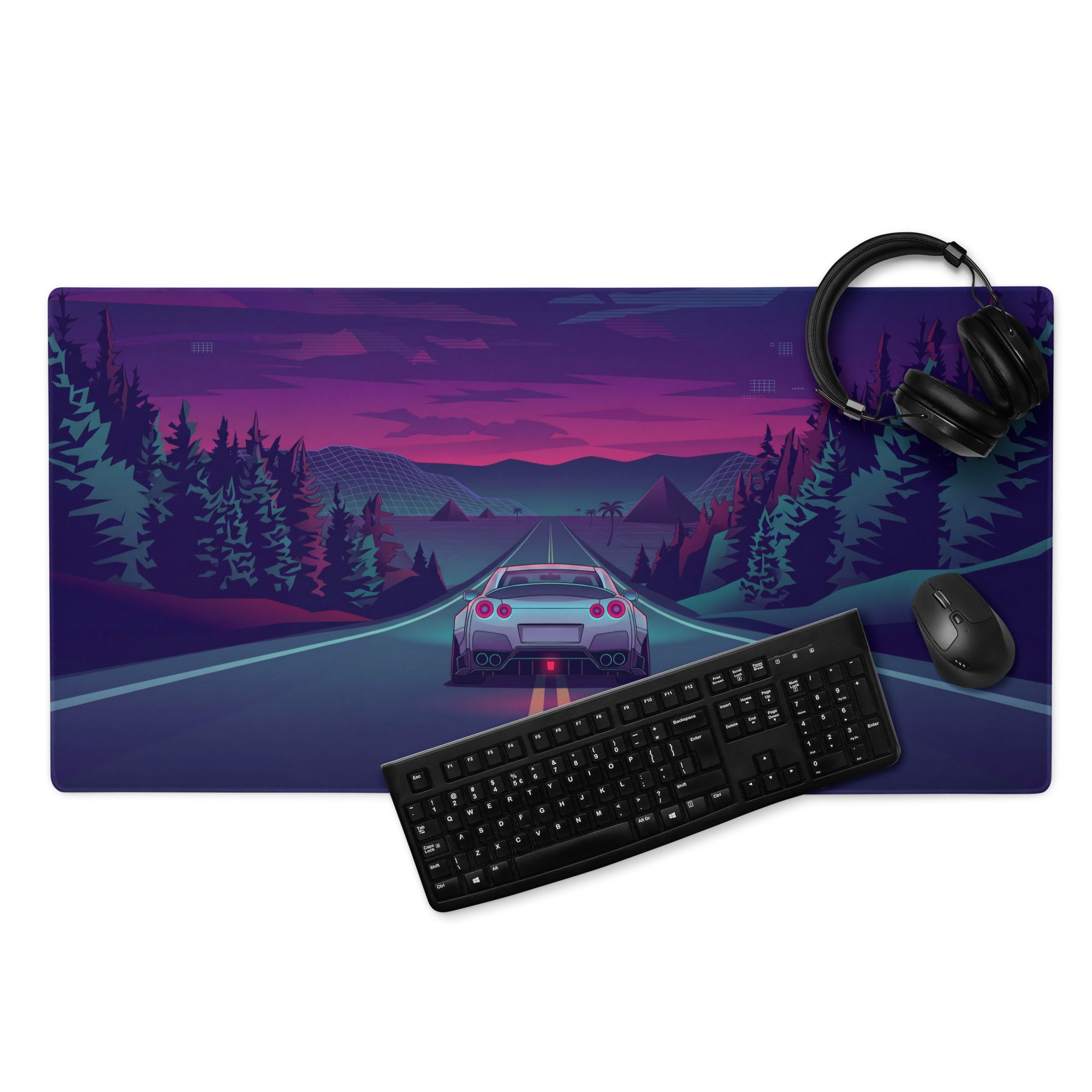 Nissan GT-R R35 Inspired Silver Purple Vaporwave Gaming Mouse Pad – Neon Mountain Highway Desk Mat with Retro Futuristic Forest Art