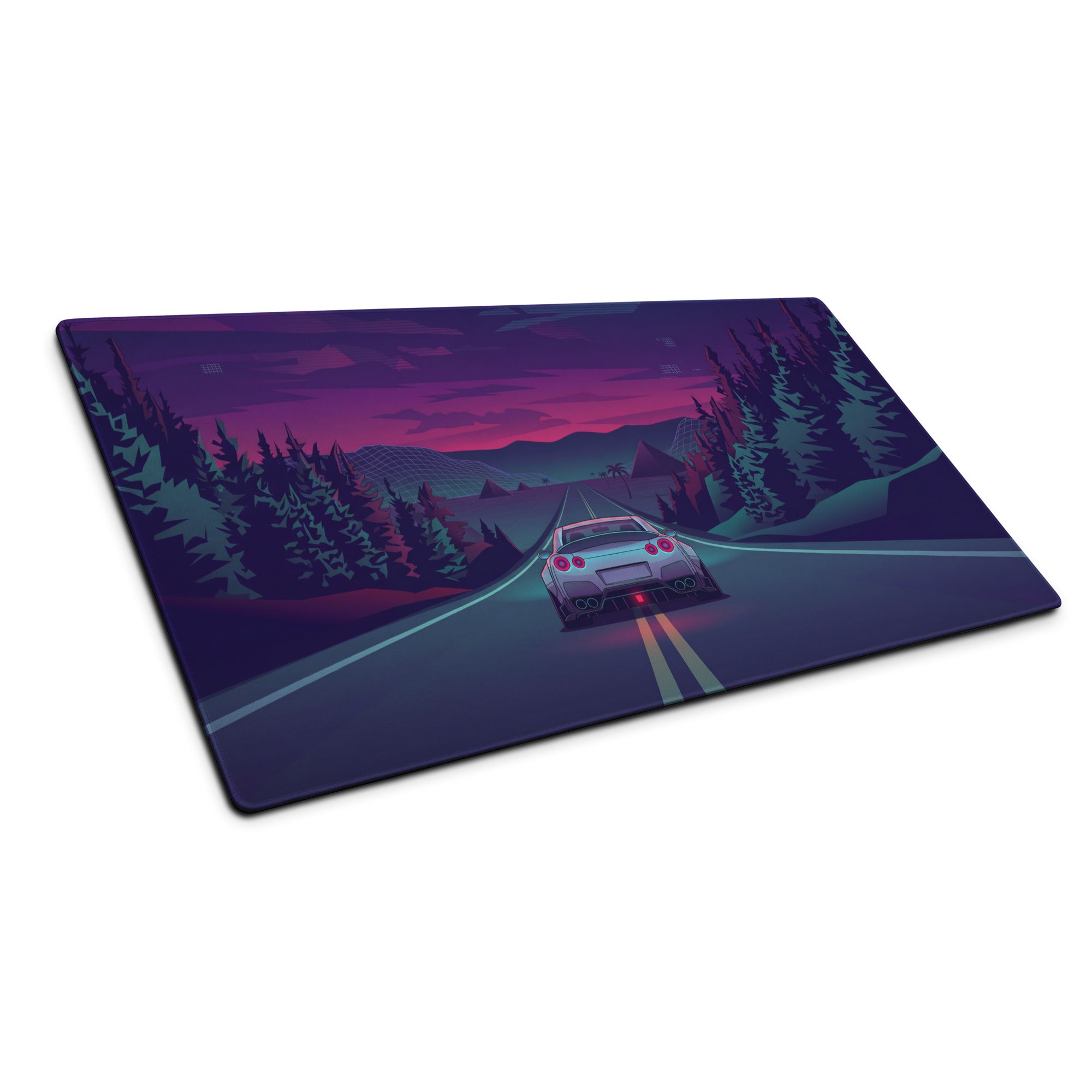 Nissan GT-R R35 Inspired Silver Purple Vaporwave Gaming Mouse Pad – Neon Mountain Highway Desk Mat with Retro Futuristic Forest Art