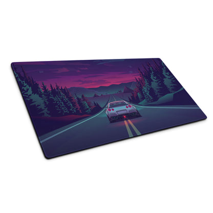 Nissan GT-R R35 Inspired Silver Purple Vaporwave Gaming Mouse Pad – Neon Mountain Highway Desk Mat with Retro Futuristic Forest Art