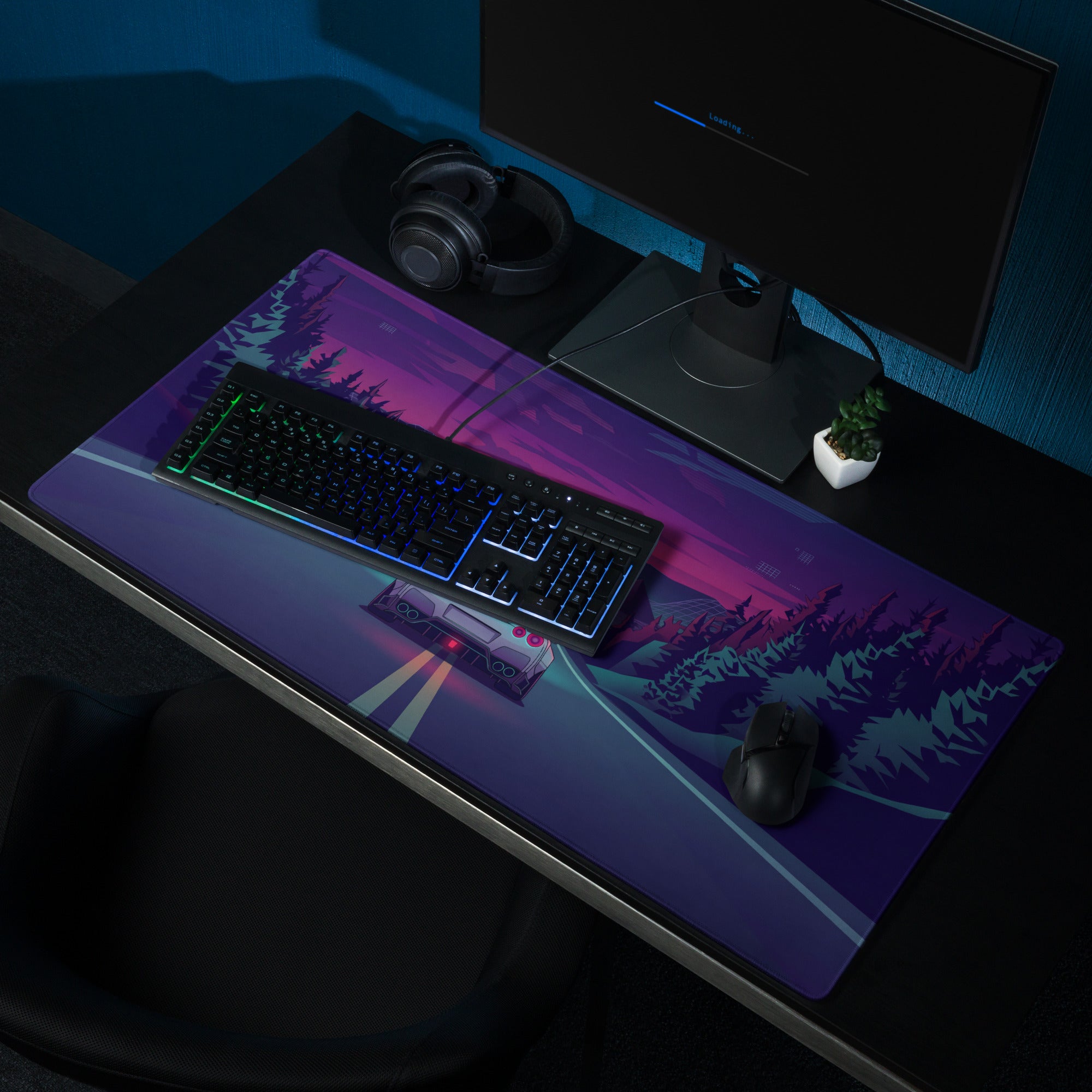 Nissan GT-R R35 Inspired Silver Purple Vaporwave Gaming Mouse Pad – Neon Mountain Highway Desk Mat with Retro Futuristic Forest Art