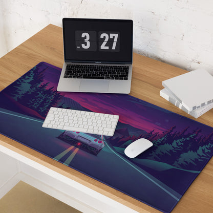 Nissan GT-R R35 Inspired Silver Purple Vaporwave Gaming Mouse Pad – Neon Mountain Highway Desk Mat with Retro Futuristic Forest Art