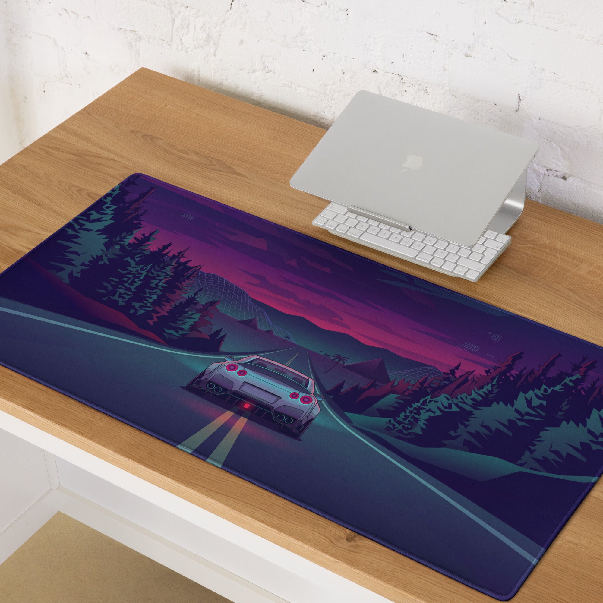 Nissan GT-R R35 Inspired Silver Purple Vaporwave Gaming Mouse Pad – Neon Mountain Highway Desk Mat with Retro Futuristic Forest Art
