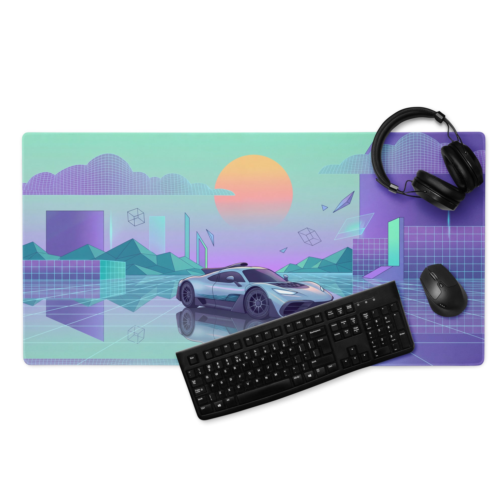 Mercedes-AMG ONE Inspired Silver Mint Vaporwave Gaming Mouse Pad – Pastel Futuristic City Desk Mat with Neon Grid, Sunset and Geometric Art
