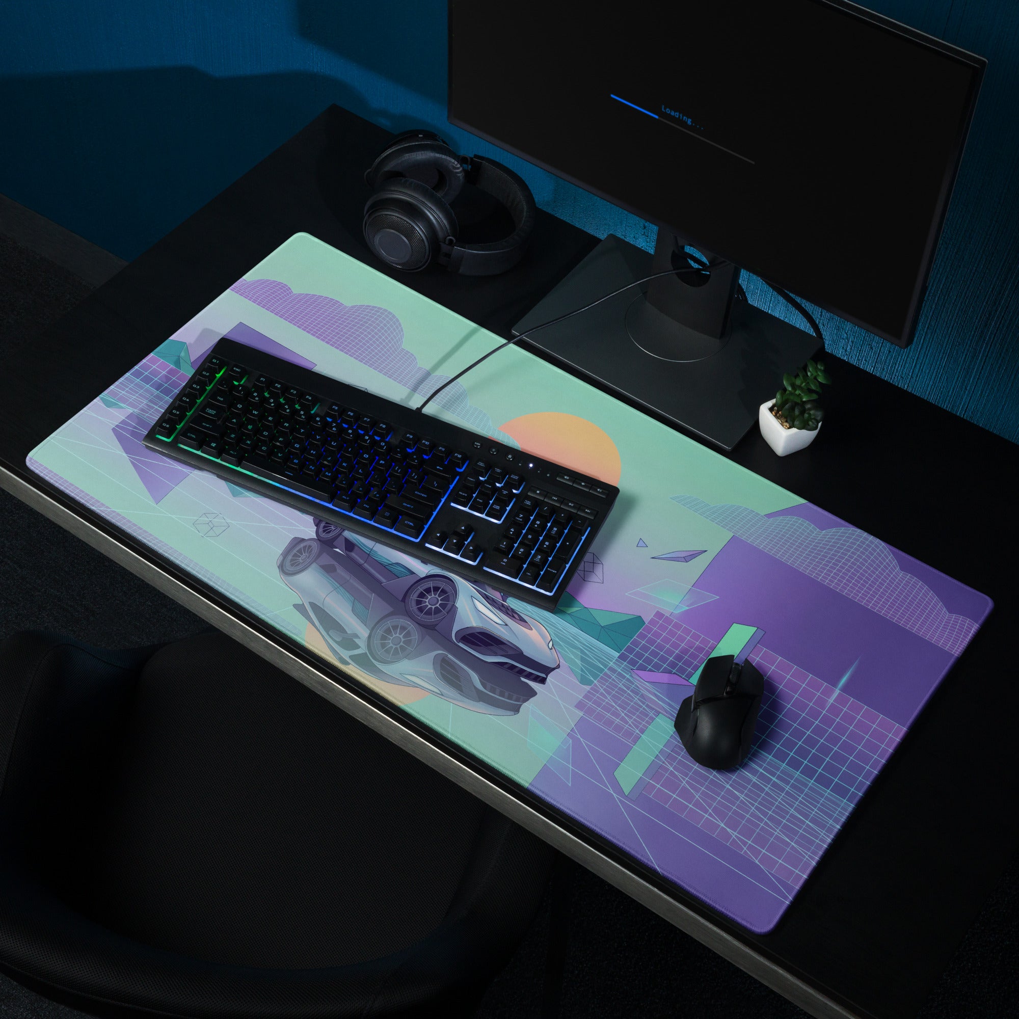 Mercedes-AMG ONE Inspired Silver Mint Vaporwave Gaming Mouse Pad – Pastel Futuristic City Desk Mat with Neon Grid, Sunset and Geometric Art