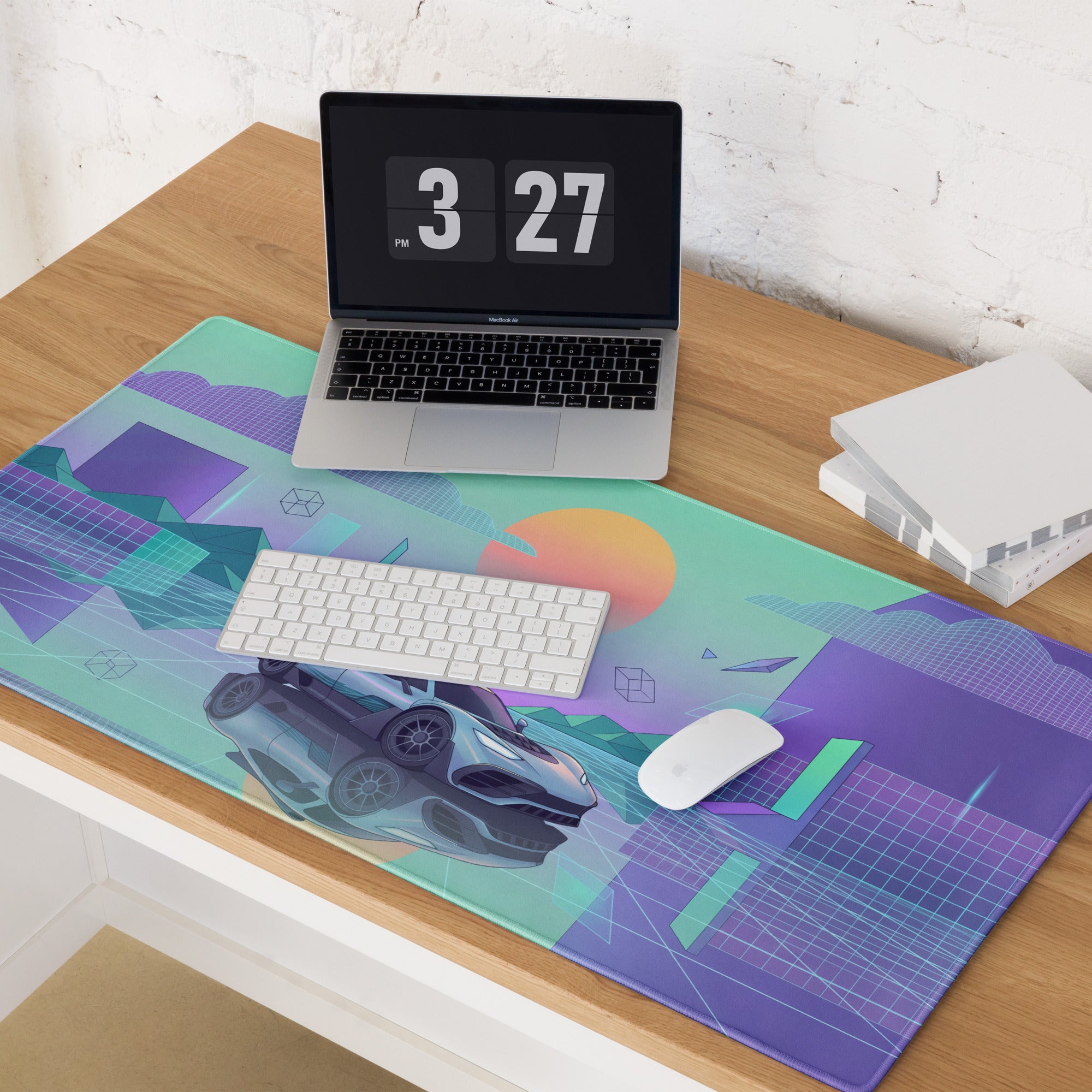 Mercedes-AMG ONE Inspired Silver Mint Vaporwave Gaming Mouse Pad – Pastel Futuristic City Desk Mat with Neon Grid, Sunset and Geometric Art