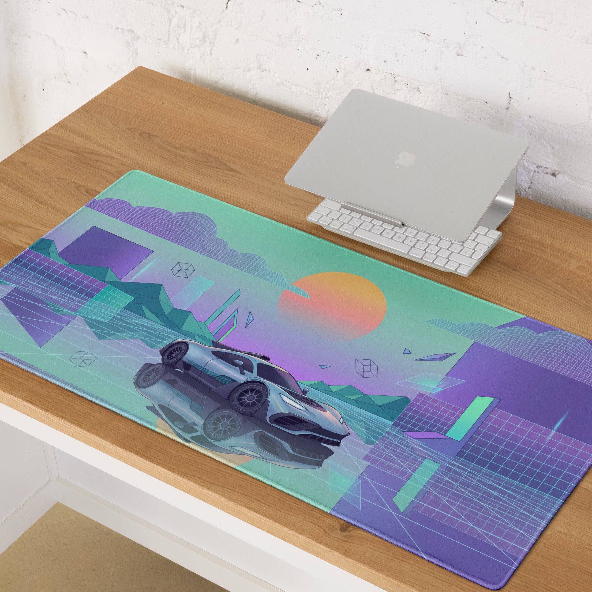 Mercedes-AMG ONE Inspired Silver Mint Vaporwave Gaming Mouse Pad – Pastel Futuristic City Desk Mat with Neon Grid, Sunset and Geometric Art