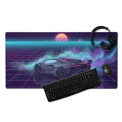 Lamborghini Essenza SCV12 Inspired Black Purple Vaporwave Gaming Mouse Pad – Neon Synthwave Grid Desk Mat with Retro Sunset and Track Hypercar Art