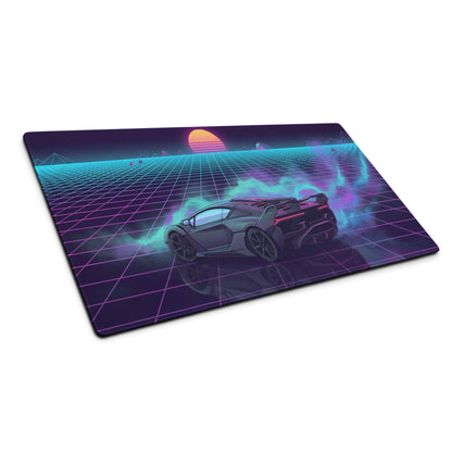 Lamborghini Essenza SCV12 Inspired Black Purple Vaporwave Gaming Mouse Pad – Neon Synthwave Grid Desk Mat with Retro Sunset and Track Hypercar Art