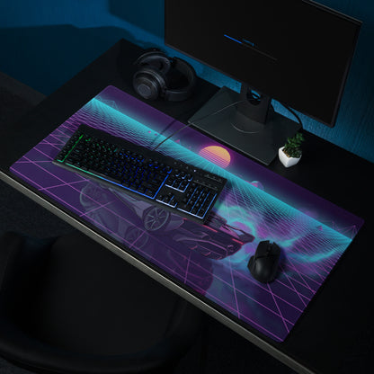 Lamborghini Essenza SCV12 Inspired Black Purple Vaporwave Gaming Mouse Pad – Neon Synthwave Grid Desk Mat with Retro Sunset and Track Hypercar Art