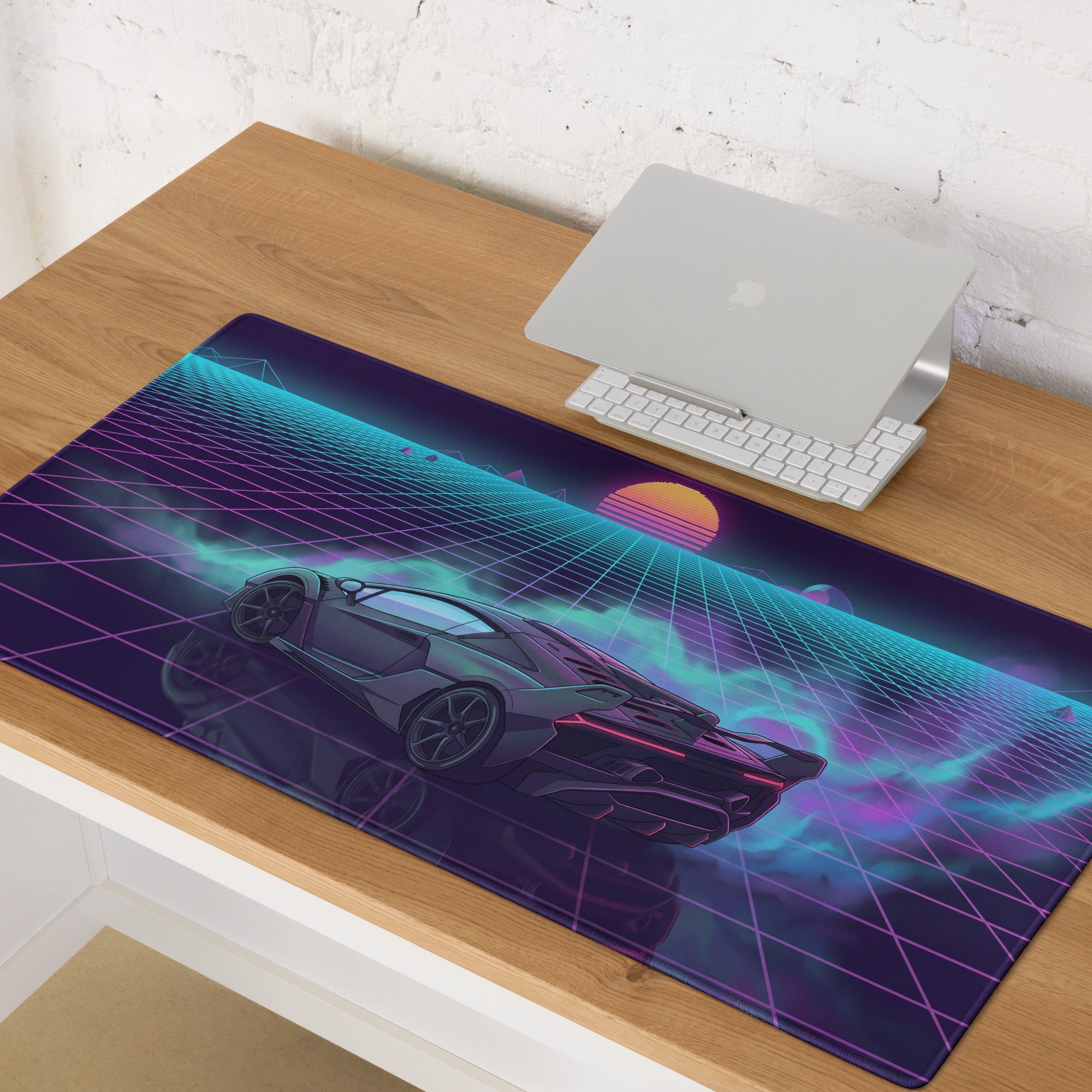 Lamborghini Essenza SCV12 Inspired Black Purple Vaporwave Gaming Mouse Pad – Neon Synthwave Grid Desk Mat with Retro Sunset and Track Hypercar Art