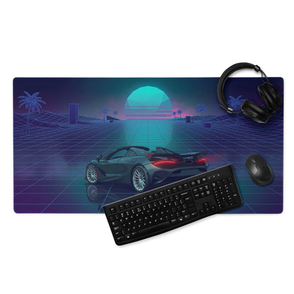 McLaren 765LT Spider Inspired Blue Cyan Vaporwave Gaming Mouse Pad – Neon Palm Tree Grid Desk Mat with Retro Futuristic Sunset and Reflection Art