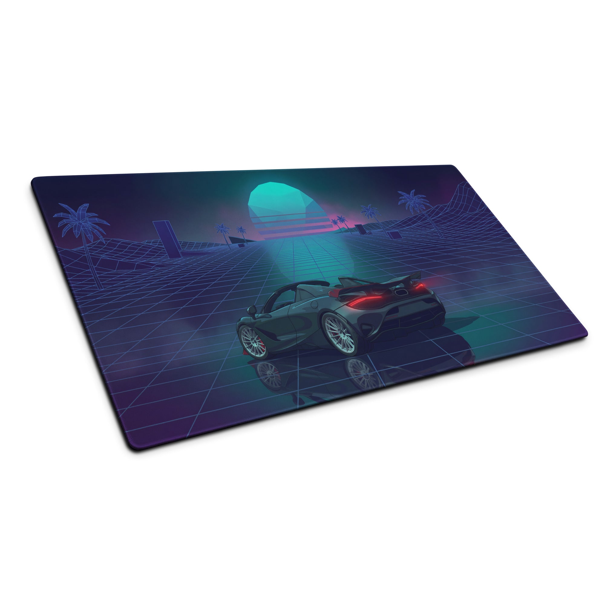 McLaren 765LT Spider Inspired Blue Cyan Vaporwave Gaming Mouse Pad – Neon Palm Tree Grid Desk Mat with Retro Futuristic Sunset and Reflection Art