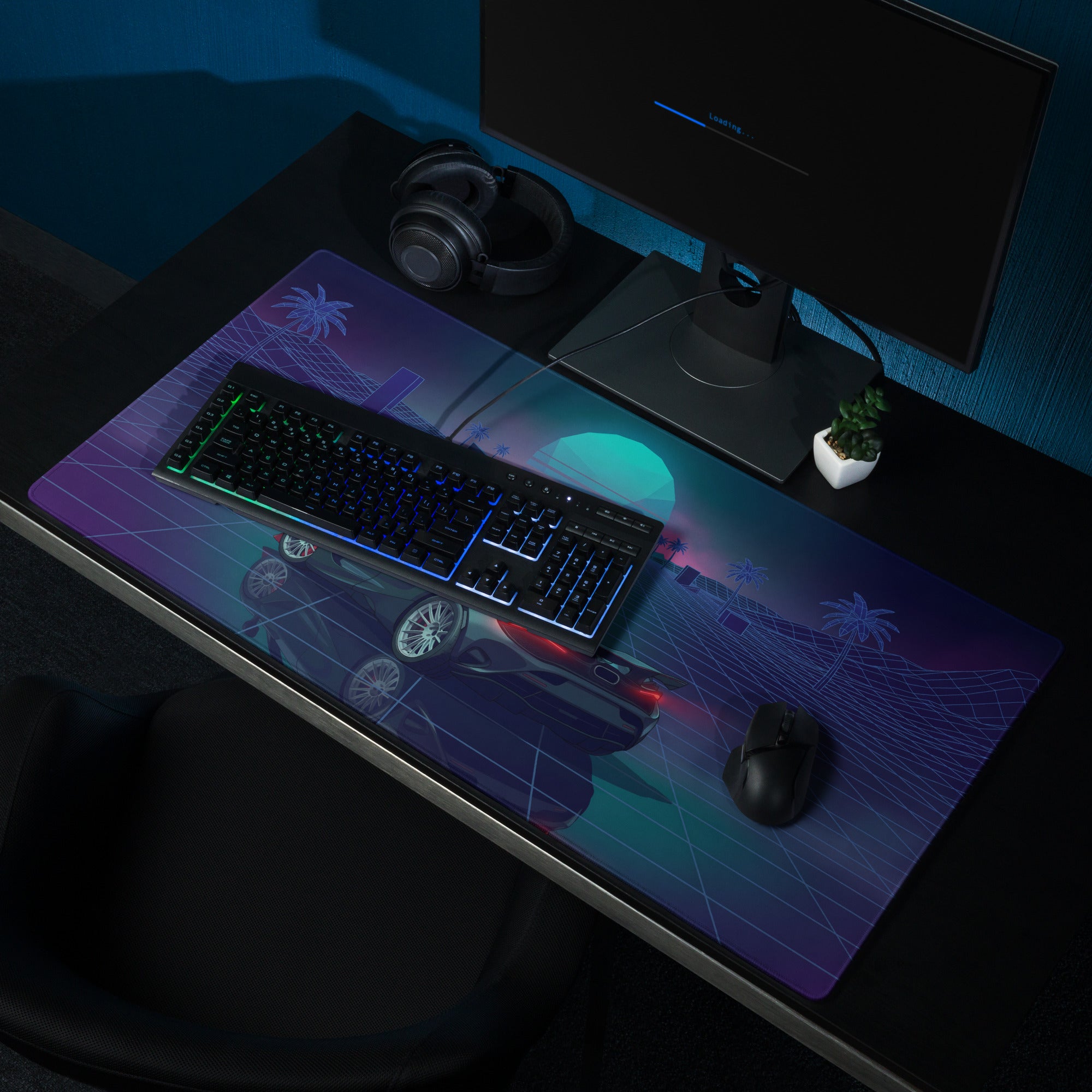 McLaren 765LT Spider Inspired Blue Cyan Vaporwave Gaming Mouse Pad – Neon Palm Tree Grid Desk Mat with Retro Futuristic Sunset and Reflection Art