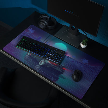 McLaren 765LT Spider Inspired Blue Cyan Vaporwave Gaming Mouse Pad – Neon Palm Tree Grid Desk Mat with Retro Futuristic Sunset and Reflection Art