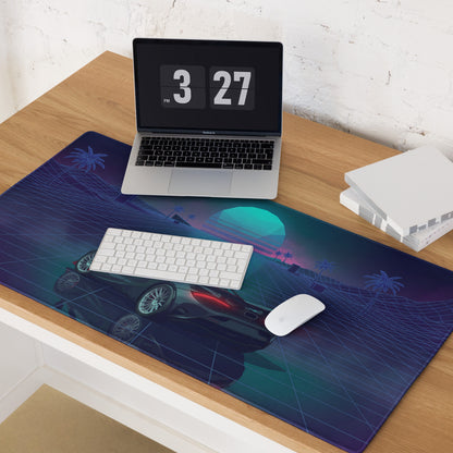 McLaren 765LT Spider Inspired Blue Cyan Vaporwave Gaming Mouse Pad – Neon Palm Tree Grid Desk Mat with Retro Futuristic Sunset and Reflection Art